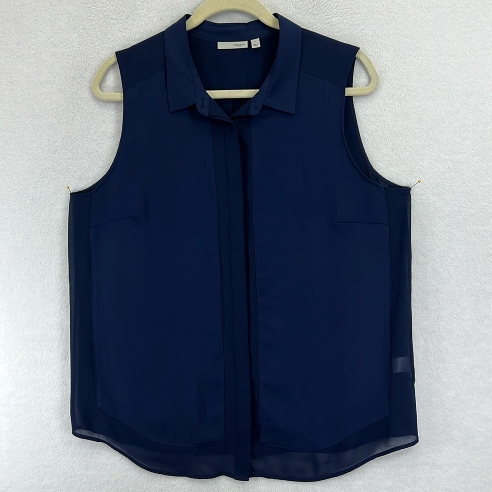 Halogen Women’s Blouse Size L Navy Semi-sheer Polyester Sleeveless Button Front